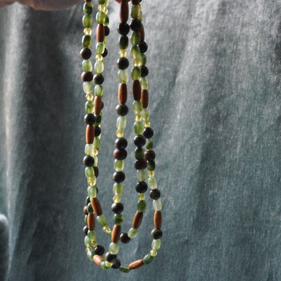 Hand Beaded Long Stand Necklace Wooden & Green Beads Mixed Medium Boho 30" - Picture 10 of 11